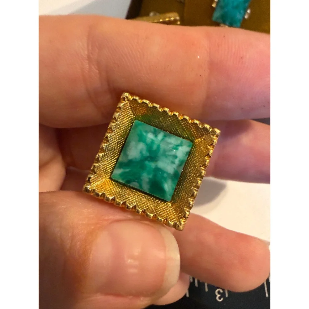 Vintage Tally Hi Cufflink and Tie Tack Set Green Marbled Gold Tone‎ Square Boxed